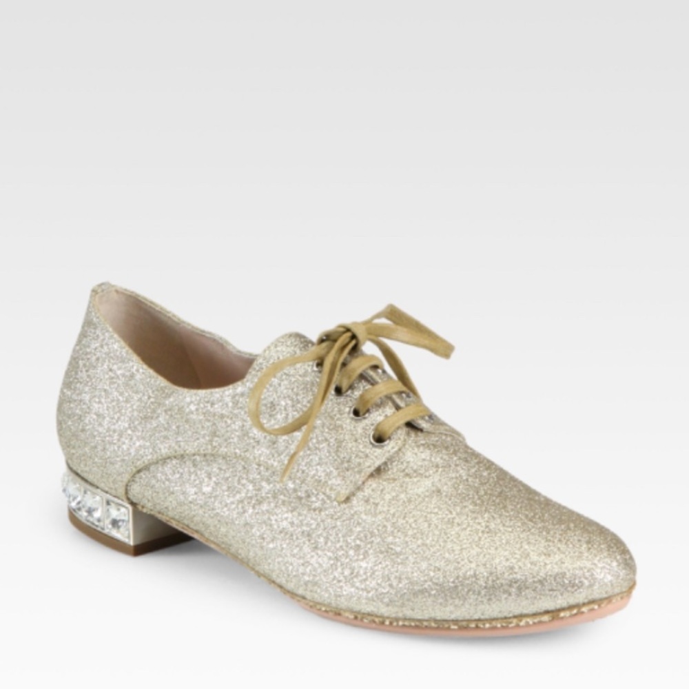 NWT Gold Miu Miu Glitter Oxford Flats size 36 1/2
